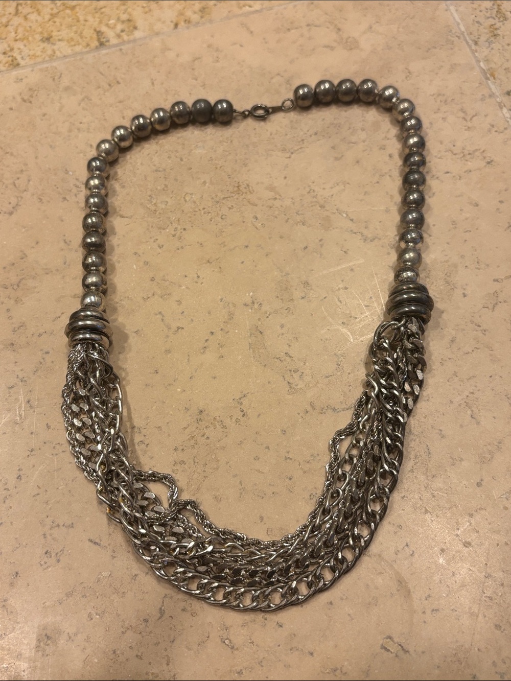 Vintage Multi-Chain Silver Beaded Statement Necklace